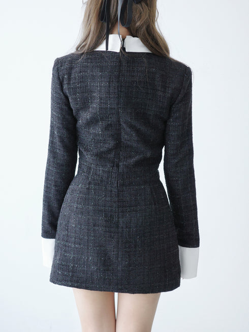 Asymmetry buckle tweed dress